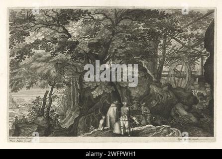 Fluss mit Felsen und einer Wassermühle, Aegidius Sadeler (II), nach Pieter Stevens (II), 1624 - ca. 1650 drucken Fluss mit Felsen. Im Vordergrund Reisende zu Fuß und zu Pferd. Eine Wassermühle im richtigen Hintergrund. Der dritte Druck einer achtteiligen Serie mit Landschaften in Bohemen Verlag: Praagpublisher: Venedig Papierätzung / Gravur Wassermühle. fluss (+ Landschaft mit Figuren, Personal). "unterwegs", Reisender unterwegs nach Böhmen Stockfoto