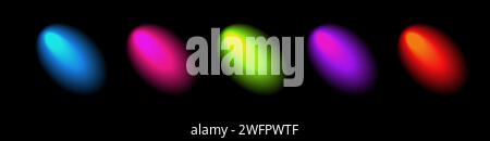 Verlaufende Weichzeichnung von Formen mit Farbabstufungen. BLOB Glowing Hell-Effekt. Geeignet für Raumdesigns. Sammlung von Vektorelementen auf schwarzem Hintergrund. Stock Vektor