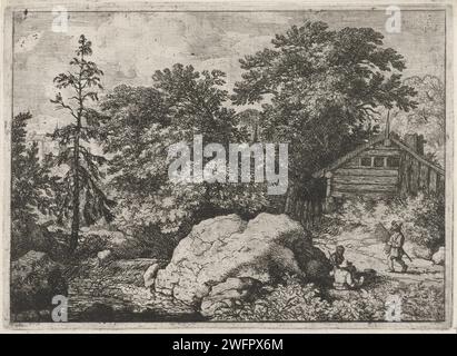 Landschaft mit drei Personen an einem Felsen, Allaert van Everdingen, 1631 - 1675 Drucken Blick auf einen großen Felsen am Ufer eines Flusses mit Wasserfall. Zwei sitzen und ein stehender Mann neben dem Felsen. Im Hintergrund ein Holzhaus und ein Korbdach zwischen den Bäumen. Niederlande Papierätzsteine (+ Landschaft mit Figuren, Personal) Stockfoto