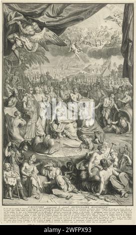 Allegorie mit Geschichte, die Geschichte schreibt, Bernard Picart, 1726 Print allegorische Performance, enthüllt von der Vaterzeit, mit Geschichte umgeben von einer Menge von Charakteren, die die verschiedenen Kontinente symbolisieren. Sie wird von der Genologie begleitet, die ihr einen Stammbaum zeigt, Chronologie, mit Tablette in der Hand, Geographie, die mit ihrem Passanten die Weltkarte zeichnet, und Mnemosyne, die Göttin der Erinnerung, die auf Diogenes verweist. Im Vordergrund stehen die Personifizierungen der Künste mit ihren Attributen. Im Hintergrund sind Adam und Eva, Mohammed, Moses und Aaron. Auf der rechten Seite im Hintergrund Denkmäler Stockfoto