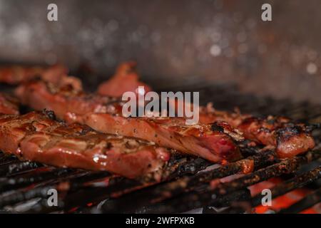 Lammleber auf dem Grill. Eine Nahaufnahme brennender Grillkohlen und Lammleberscheiben. Stockfoto