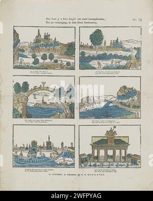 G'o liebe Jugend kann hier sein! Sechs Kunstbauten, / zu Ihrer Entfernung, in diesem Druck, Willem Carl Wanleven, 1806 - 1858 Blatt mit 6 Aufführungen von Stadtlandschaften und Denkmälern, einschließlich der Burg von Segovia und dem Brandenburger Tor. Unter jedem Bild ein zwei-Wege-Vers. Oben links nummeriert: nein 75. Herausgeber: Zutphenprint Maker: Niederlande Papier Buchdruck Landschaft mit Denkmal Segovia. Brandenburger Tor Stockfoto