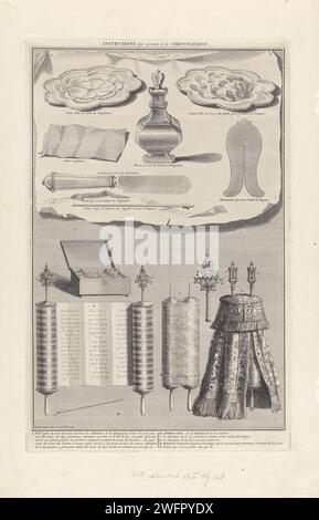 Objekte, die mit einer jüdischen Beschneidung dienen / die Buchrollen der Thora, Bernard Picart (Werkstatt oder), nach Bernard Picart, 1725 Druck Blatt mit zwei Aufführungen. Über verschiedenen Objekten, die in einer jüdischen Beschneidung verwendet werden. Unter einer geöffneten Tora-Buchrolle, einer geschlossenen Rolle und einer Tora-Buchrolle mit Mantel. Am unteren Rand eines Lesezeichens oder JAD, das beim Lesen der Buchrollen verwendet wird. Die Box enthält die Namen der Mitglieder der Synagoge, aus denen man die Namen der Leser zeichnen kann. Am unteren Rand eine Erklärung auf Französisch. Amsterdam Papierätzung / Gravur circa Stockfoto