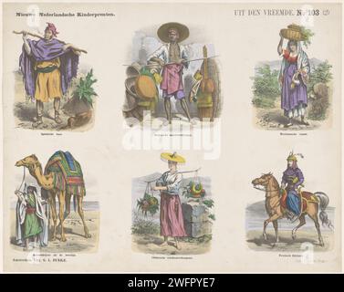 Aus dem Ausland / (2), 1865 - 1875 Print Blatt mit 6 Darbietungen von Figuren aus verschiedenen Teilen der Welt, zum Beispiel einem spanischen Bauern, einem javanischen Korbverkäufer und einer chinesischen Obstverkäuferin. Eine Beschriftung unter jedem Bild. Rechts oben nummeriert: Nr. 103. Verlag: Amsterdamprinter: Haarlem Papier Buchdruck Schriftzeichen (menschliche Typen). Landwirte. Händler, Verkäufer. Straßenhändler Java. Mexiko Stockfoto