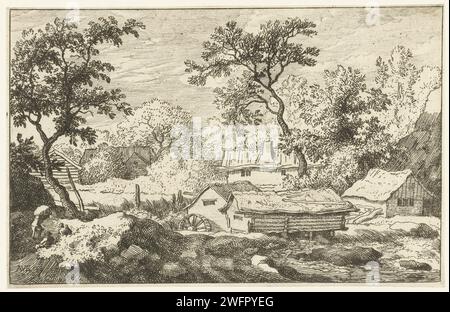 Landschaft mit Watermolen, Allaert van Everdingen, 1631 - 1675 Print Blick auf ein paar Häuser und eine Wassermühle in der Nähe eines Wasserfalls. Zwei Leute sitzen im Vordergrund an einem kleinen Hügel, während ein Drittel etwas auf seinem Rücken zerrt. Niederlande Papierätzung Wassermühle in Landschaft (+ Stadt(-Landschaft) mit Zahlen, Personal) Stockfoto