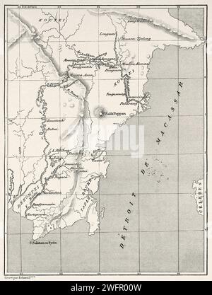 Karte des südöstlichen Teils der Insel Borneo, Indonesien. Von Koutei nach Banjarmasin, eine Reise durch Borneo von Carl Bock (1849 - 1932) Stockfoto