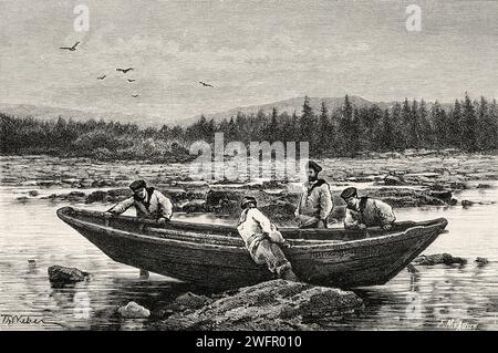 Ein Boot, das bei der Expedition in Neufundland und Labrador in Kanada eingesetzt wurde. Französische Küste der Insel Neufundland 1886 von Leutnant Louis Koenig (1847–1920) Stockfoto