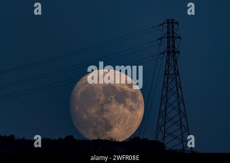 Vollmond, der zur blauen Stunde hinter dem Hügel aufsteigt und die Silhouette der Laternenpfahl bildet Stockfoto