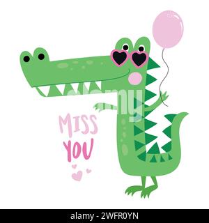 Miss You - süßes, lustiges handgezeichnetes Kritzelchen mit verliebtem Krokodil. Cartoon-Alligatoren. Gut für Valentinskarte. Handgezeichnete Vektorgrafik. Stock Vektor