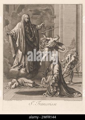 H. Francisca Romana, Gérard Audran, nach Nicolas Poussin, 1650–1703 Druckgraphiker: Francesca Romana: Paris (möglicherweise) Papier, das die Witwe und Gründerin der Oblaten von Tor de' Specchi, Frances von Rom (Francesca Romana) graviert; mögliche Attribute: Schutzengel, Kleinkind Christus. Medusa (einer der Gorgonen) Stockfoto