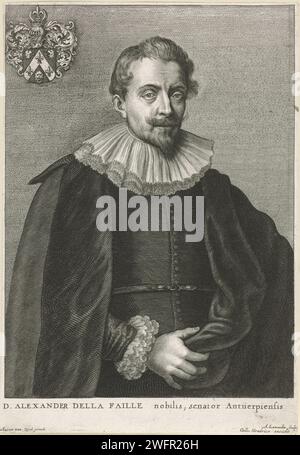 Porträt von Alexander de la Faille, Adriaen Lommelin, nach Anthony Van Dyck, 1630–1677 Druck Porträt von Alexander de la Faille, Berater in Antwerpen, mit Wappen in der linken Ecke. Antwerpener Papiergravur Stockfoto