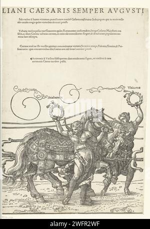 Triumphwagen von Kaiser Maximilian I., Hans Guldenmund, nach Albrecht Dürer, 1545 druckte der große Triumphwagen zu Ehren Kaiser Maximilians I. bei seinem Tod am 12. Januar 1519. Sechstes Blatt mit virilierten Pferden mit Akrimonie und Virilitas. Druckerei: DeutschlandVerlag: Antwerpener Papier Buchdruck Wagen, Triumphwagen Stockfoto