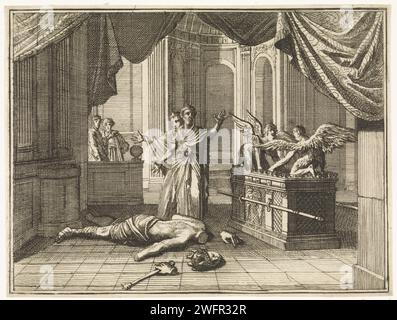 Ark des Covenant im Tempel von Dagon, Caspar Luyken, 1712 Druck Amsterdamer Papier, das die Statue von Dagon in Aschdod niederschlägt Stockfoto