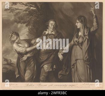 Porträt von David Garrick zwischen Komödie und Tragödie, Edward Fisher, nach Joshua Reynolds, 1762 Print Comedy, verkörpert als junge, lächelnde Frau, zieht Garrick an seinem Ärmel. Garrick geht mit ihr und blickt auf die Personifizierung der Tragödie. Sie hat sein Handgelenk gepackt und zeigt mit ihrer linken Hand nach oben. Ihre Augenbrauen sind runzelig. London Paper Historical Persons. Porträt des Schauspielers, der Schauspielerin. Comedy. Tragödie. Abstrakte Ideen und Konzepte (+ abstraktes Konzept, dargestellt durch weibliche Figur) Stockfoto