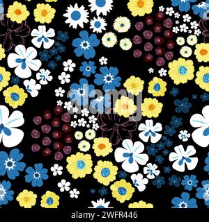 Nahtloses Blumenmuster des Liberty-Stils mit gelben, magentafarbenen und weißen Blumen auf schwarzem Hintergrund - nahtloses Vektor-Muster für Textil oder Tapete Stock Vektor
