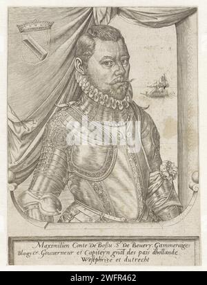 Porträt von Maximilian de Hennin, Graf von Bossu, Paulus van Wtewael, 1573 gedrucktes Porträt von Maximilian de Hennin, Graf von Bossu, in Hartzeug. Ein Schiff auf See im Hintergrund. Oben links sein Wappen. Am Rand eine dreiseitige Beschriftung in lateinischer Sprache. Nordholland Papiergravur Rüstung. Waffenlager, Heraldik. Schiffe (allgemein) Stockfoto