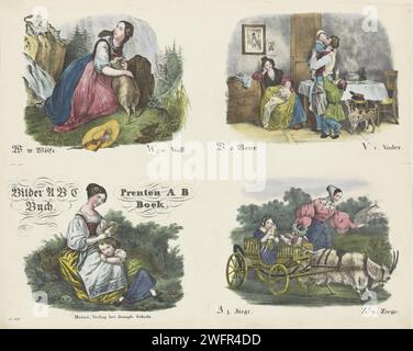 Letters W, V an Z, Firma Joseph Fulz, 1829 - 1880 Print Leaf mit 4 Aufführungen zum Ausschneiden und Zusammenbinden zum Buch über das Alphabet. Drei Vorstellungen der Buchstaben W (Wolf), V (Vater) und Z (Ziege). Unten links der Titelabdruck mit einer Mutter, die ihrer Tochter einen Kranz auf den Kopf legt. Unter jedem Bild eine Beschriftung in Deutsch und Niederländisch. Unten links nummeriert: Nr. 109. Herausgeber: Mainzprint Maker: Europe Paper Letters, Alphabet, Script Stockfoto