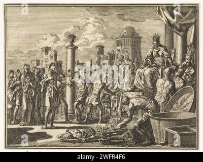 Folter Tod der sieben Söhne Salomoniens, Jan Luyken, 1712 Druck Amsterdamer Papier, das das Martyrium der sieben Makkabäer-Brüder und ihrer Mutter unter Antiochus IV. Epiphanes (2 Makkabäer 7) graviert Stockfoto