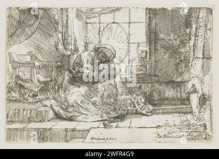 Die Jungfrau und das Kind mit der Katze und der Schlange, Rembrandt van Rijn, 1654 Druckpapier mit der Ätzung Madonna: Maria sitzt auf dem Boden, das Christkind auf ihrem Schoß Stockfoto