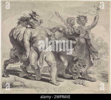 Bacchus Trunkenness, Jonas Suyderhoef, nach Peter Paul Rubens, ca. 1640 - ca. 1670 Druck der betrunkene Bacchus wird von zwei Satern unterstützt. Er ist nur in einem Tigertuch gekleidet. Auf der rechten Seite ein Leopard und Maenaden. Printmacher: Haarlem Verlag: Amsterdamer Papier mit dem Gravur des betrunkenen Bacchus. Satyr(s) (allgemein) Stockfoto