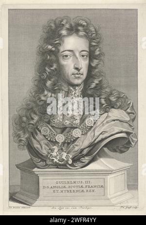 Porträt von Wilhelm III., Prinz von Oranje-Nassau, König von England, Pieter van Gunst, nach Jan Hendrik Brandon, 1689–1731 Druckbüste von Wilhelm III., Prinz von Oranje-Nassau, König von England. Er trägt das Ordenszeichen des Strumpfhaltes. Amsterdamer Papiergravur Ritterorden Stockfoto