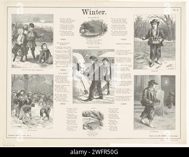 Winter, 1882 - 1905 Print Blatt mit 7 Aufführungen von Winterszenen, Kindern auf dem Eis, einem orangen Verkäufer in der Kälte und Jungen, die einen Schneeballkampf halten. Zwischen den Bildern Verse im Buchdruck. Oben rechts und unten links nummeriert: Nr. 4. Verlag: The BEPRITER: Arngem Papier Druck Block / Buchdruck Spiel mit Schnee und Eis - CC - Erwachsene  Schnee und Eis. Werfen Schneebälle. (Macht einen) Schneemann. Straßenhändler. Winter  andere Konzepte (z. B. biblische Szenen) (die vier Jahreszeiten) Stockfoto