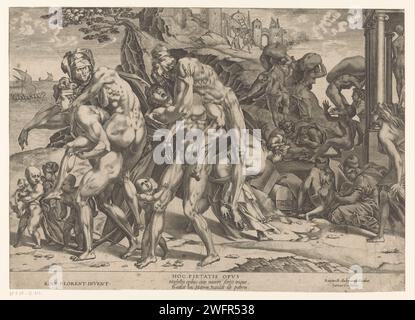 Amphinomus und Anapias retten ihre Eltern vor dem Brand von Catania, René Boyvin, nach Rosso Fiorentino, 1535–1598 Druck Paris Papierstich (Geschichte) Amphinomus und Anapias. Eine Person tragen Stockfoto