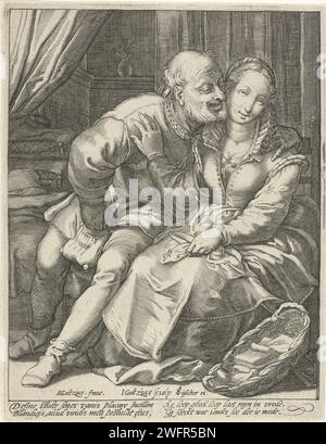 Ungleiche Liebe, Jacob Goltzius (II), nach Hendrick Goltzius, 1548–1630 Druck ein alter Mann sitzt auf einem Stuhl und berührt seine Geldtasche. Neben ihm eine junge Frau auf einem Stuhl. Der alte Mann versucht, die Frau zu küssen, aber sie wendet sich von ihm ab und hält ihn auf. Der Druck hat eine lateinische und niederländische Beschriftung Haarlem Papier Gravur Geldbörse, Geldbeutel. Hässlicher alter Mann. Einseitiges Umwerben; Verfolgung; schwierige Wahl. Verheiratetes Paar ungleichen Alters. Jugendliche, junge Frau, Jungfrau (+ alter Mann (Mensch)). Jung versus alt; jung und alt Stockfoto