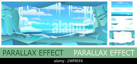 Eishöhle. Arktis und Antarktis. Objektträgersatz für Parallaxeneffekt. Lustiger Zeichentrickstil. Bildvektor Stock Vektor