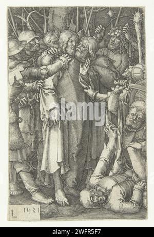 Sammlung von Christus, Lucas van Leyden, 1521 Druck Christus von Judas geküsst und von Soldaten gegriffen. Peter mit erhobenem Schwert über Malchus. Niedere Länder Papier, in dem der Kuss des Judas graviert wird: Begleitet von Soldaten mit Fackeln und Laternen, küsst er Christus. Peter zieht sein Schwert und schneidet Malchus das Ohr ab Stockfoto