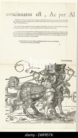 Triumphwagen von Kaiser Maximilian I., Hans Guldenmund, nach Albrecht Dürer, 1609 der große Triumphwagen zu Ehren Kaiser Maximilians I. nach seinem Tod am 12. Januar 1519. Siebtes Blatt mit den Pferden der fünften Spanne mit Audatia und Magnanimitas. Druckerei: DeutschlandVerlag: AmsterdamVerlag: Amsterdam Papier Buchdruck Wagen, Triumphwagen Stockfoto