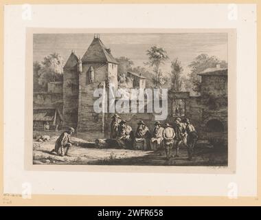 Ball spielende Männer an der alten Porte de Vaise in Lyon, Jean Jacques de Boissieu, 1803 Druckpapier in Frankreich. Ätzen/Trockenpunkt „Rasenbowling“. Stadttor Lyon Stockfoto