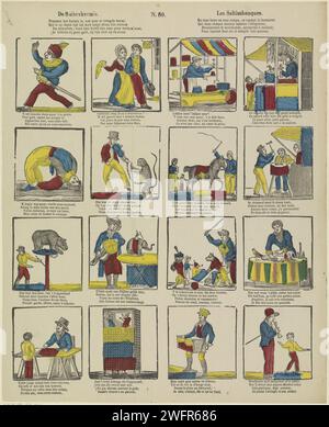 De Buitenkermis / Les acrobanques, 1800 - 1833 Print Blatt mit 16 Festspielszenen, darunter Darstellungen eines tanzenden Affen, eines flexiblen Mannes und Hunde, die Tricks machen können. Unter jedem Bild ein Zweiwege-Vers auf Niederländisch und auf Französisch, über einem vierzeiligen Vers auf Niederländisch und auf Französisch in zwei Spalten. Nummeriert in der Mitte: N. 80. Turnwood Papier Buchdruck Zirkustiere. akrobat  Zirkus. Bären (Zirkusvorführung). Vergnügungsmarkt und Zirkus. Zirkusvorführung mit ausgebildeten Tieren (Affen, Elefanten, Bären, Löwen und Tiger, Pferde, Hunde, Delfine, Robben, Flöhe) Stockfoto