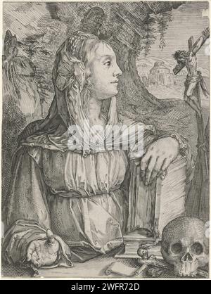 Boetvaardige Maria Magdalena, in Profiel, Jacob Matham (zugeschrieben), nach Hendrick Goltzius, 1607–1612 Druck Boetish Maria Magdalena, im Profil, beobachtet ein Kruzifix neben ihr, die Hand auf einer Bibel. Ein Schädel für sie. Haarlem Papier, das die Bußhure Mary Magdalene graviert; mögliche Attribute: Buch (oder Rolle), Krone, Dornenkrone, Kruzifix, Glas Salbe, Spiegel, Musikinstrument, Palmenzweig, Rosenkranz, Geißel Stockfoto