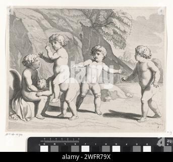 Reitpferd, Michiel Mosijn, nachdem Cornelis Holsteyn, 1640–1655, Ein Kind auf den Rücken eines anderen Kindes fährt. Sie werden von drei weiteren Kindern begleitet. Vielleicht spielen sie das Spiel Bok Stavast. Amsterdamer Papiergravur Pick-a-back, Huckepack Stockfoto