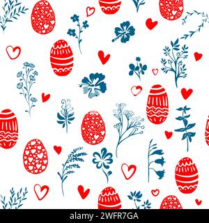 Süßes Ostermuster aus Blumen und Eiern. Handzeichnung. Nicht AI. Vektorabbildung Stock Vektor