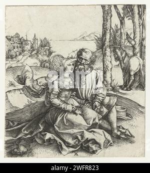 Die ungleiche Liebe: Ein alter Mann mit einer jungen Frau, Albrecht Dürer, 1493–1497 drucken Eine junge Frau und ein alter Mann, sitzend in einer Landschaft. Der Mann bekommt Geld aus seinem Geldbeutel, um es der Frau zu geben, die schon ihre Hand aufhält. Beide sind Vornamen gekleidet nach der deutschen Mode von ca. 1495. Ein Pferd, das rechts im Hintergrund an einen Baum gebunden ist. Hinterließ im Hintergrund ein Schloss. Nürnberger Papier graviert ungleiches Paar, ungleiches Paar. Ungleiche Partner. Schädlicher Einfluss der Frau, "femmes fatales". Kopfbedeckung: Hut (+ Damenbekleidung). Geldbeutel, Geldbeutel. Mantel (+ Fell für Kleidung). Stockfoto