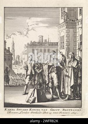 Enthauptung von Karl I., König von England, in London, 1649, Jan Luyken, 1698 Druck Amsterdam Papier, das gewaltsamen Tod durch Enthauptung Whitehalls graviert Stockfoto