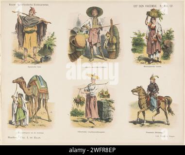 Aus dem Ausland / (2), 1875 - 1903 Print Blatt mit 6 Darbietungen von Figuren aus verschiedenen Teilen der Welt, zum Beispiel einem spanischen Bauern, einem javanischen Korbverkäufer und einer chinesischen Obstverkäuferin. Eine Beschriftung unter jedem Bild. Rechts oben nummeriert: Nr. 103. Haarlem-Papier-Buchdruckzeichen (menschliche Typen). Landwirte. Händler, Verkäufer. Straßenhändler Java. Mexiko Stockfoto