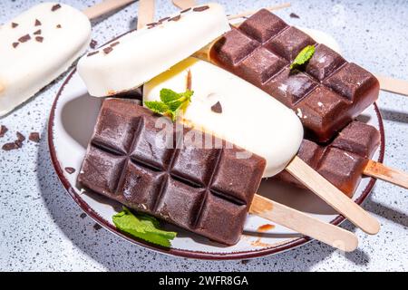 Schokolade- und Vanillepopsicles, klassischer dunkelbrauner Kakao und Milcheis-Lolly-Pops. Stapel von verschiedenen Eis-Lollies flach Draufsicht CO Stockfoto