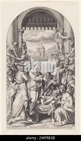 Christus erweckt den Sohn der Witwe in NaIn, Jacob Matham, nach Federico Zuccaro, 1593–1594 Druck Christus mit dem Sohn der Witwe in NaIn, der an einer Bar propagiert wurde. Christus erweckt ihn zum Leben. Zuschauer sehen voller Staunen aus. Haarlemer Papierstich Christus berührt das Bier des Sohnes der Witwe von Nain: Der junge Mann setzt sich auf. Der Sohn der Witwe Nain wird auf einem Bier aus der Stadt geführt (Lukas 7,11-17) Stockfoto