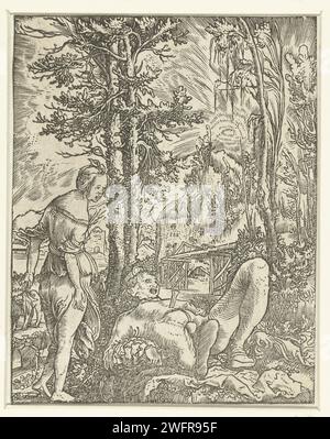 PYRAMUS en Thisbe, Wolfgang Huber, 1500–1553 Print Thisbe findet ihren geliebten Pyramus im Sterben. Er liegt auf dem Boden an zwei Bäumen mit einem Messer in die Brust, während sie neben ihm geschockt ist. Links ist die Löwin, die den Schleier von Thisbe in Stücke zerreißt. Dieser Schleier ist auf dem Boden. Zwischen den Bäumen ist eine Stadt zu sehen. Paper Thisbe tötet sich mit Pyramus' Schwert (die Szene könnte in der Nähe eines Brunnens dargestellt werden) Stockfoto