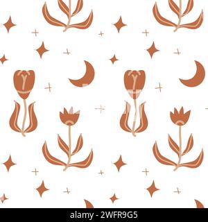 westliches Boho-Muster mit Blume und Mond. Vektorillustration mystischer Designs. Stock Vektor