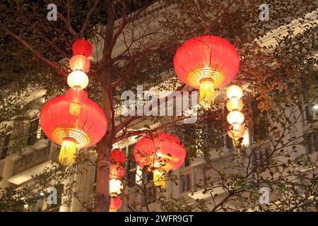 Rote Laternen und Lichter schaffen eine festliche Atmosphäre in Xiamen City, südöstlicher chinesischer Provinz Fujian, 29. Januar 2024. Stockfoto