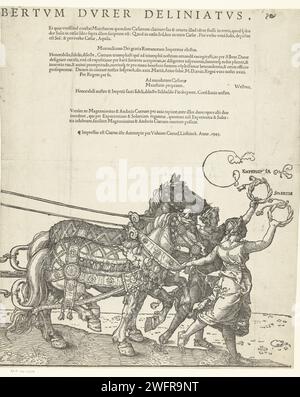 Triumphwagen von Kaiser Maximilian I., Hans Guldenmund, nach Albrecht Dürer, 1545 der große Triumphwagen zu Ehren Kaiser Maximilians I. bei seinem Tod am 12. Januar 1519. Achte Zeitschrift mit dem sechsten Abschnitt Pferde mit Erfahrungen und Solertia. Druckerei: DeutschlandVerlag: Antwerpener Papier Buchdruck Wagen, Triumphwagen Stockfoto