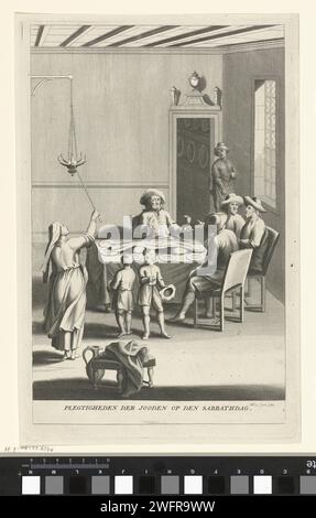 Sabbatfeier mit einer jüdischen Familie, Philip van Gunst, 1685 - 1725 drucken Sie Eine jüdische Familie am Esstisch. Die Mutter zündet einen Kerzenhalter mit sechs Samen an. Der Mann segnet das Essen mit dem traditionellen Kidush. Papierätzung / Gravur segnen Brot und Wein  Sabbath zu Hause. Zünden und Segen der Sabbatlichter durch die Herrin des Hauses Stockfoto