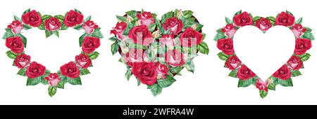 Set aus herzförmigen Rahmen aus Rosen. Aquarellabbildung isoliert auf weiß. Geburtstagskarte zur Valentinstag-Hochzeit zum Muttertag Stockfoto