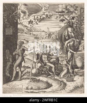 Vorbereitungen für die Hochzeit von Amor und Psyche (linker Teil), 1613 Druck Apollo sitzend und umgeben von Göttinnen, darunter Flora und Pomona. Im Hintergrund eine Landschaft mit Pyramiden, ein Amphitheater, Neptun mit seinem Dreizack und eine Gesellschaft mit exotischen Tieren. Rechts ein Elefant und ein Mann mit einer Tasche über der Schulter. Druckerei: RomeAfter Zeichnung von: ItalienVerlag: RomeVaticaanstad Papierstich / Radierung Hochzeit von Cupid und Psyche. Pomona. (Story of) Flora. Stammtiere: Elefant. Huftiere: Giraffe. Spezifische Aspekte, allegorische Aspekte des Neptun; Neptun als p Stockfoto