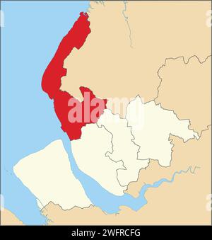 Rot, flach, leer, hervorgehobene Lagekarte des METROPOLITAN BOROUGH SEFTON in beigefarbener Verwaltungsbezirk Karte von Merseyside, Stock Vektor