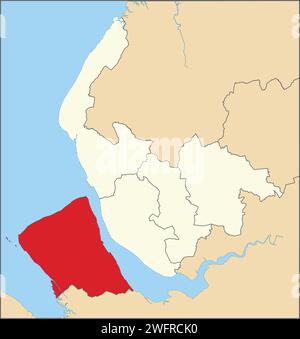 Rot, flach, leer, hervorgehobene Lagekarte des METROPOLITAN BOROUGH VON WIRRAL innerhalb der beigefarbenen Karte der Verwaltungsbezirke von Merseyside, Stock Vektor